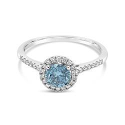 White Gold Engagement Ring With One Fancy Deep Greesh Blue Colored Diamond